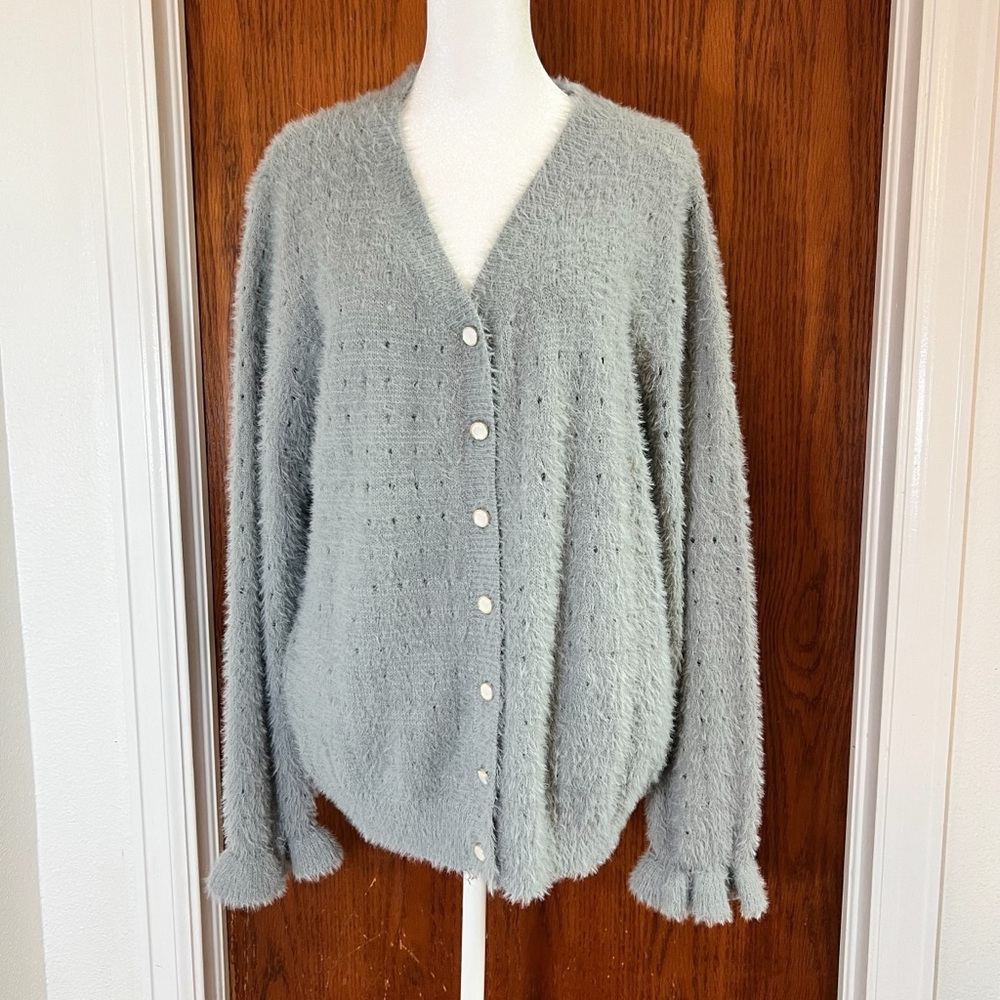 Fuzzy Openwork Flounce Sleeve Button-Up Fuzzy Car… - image 3